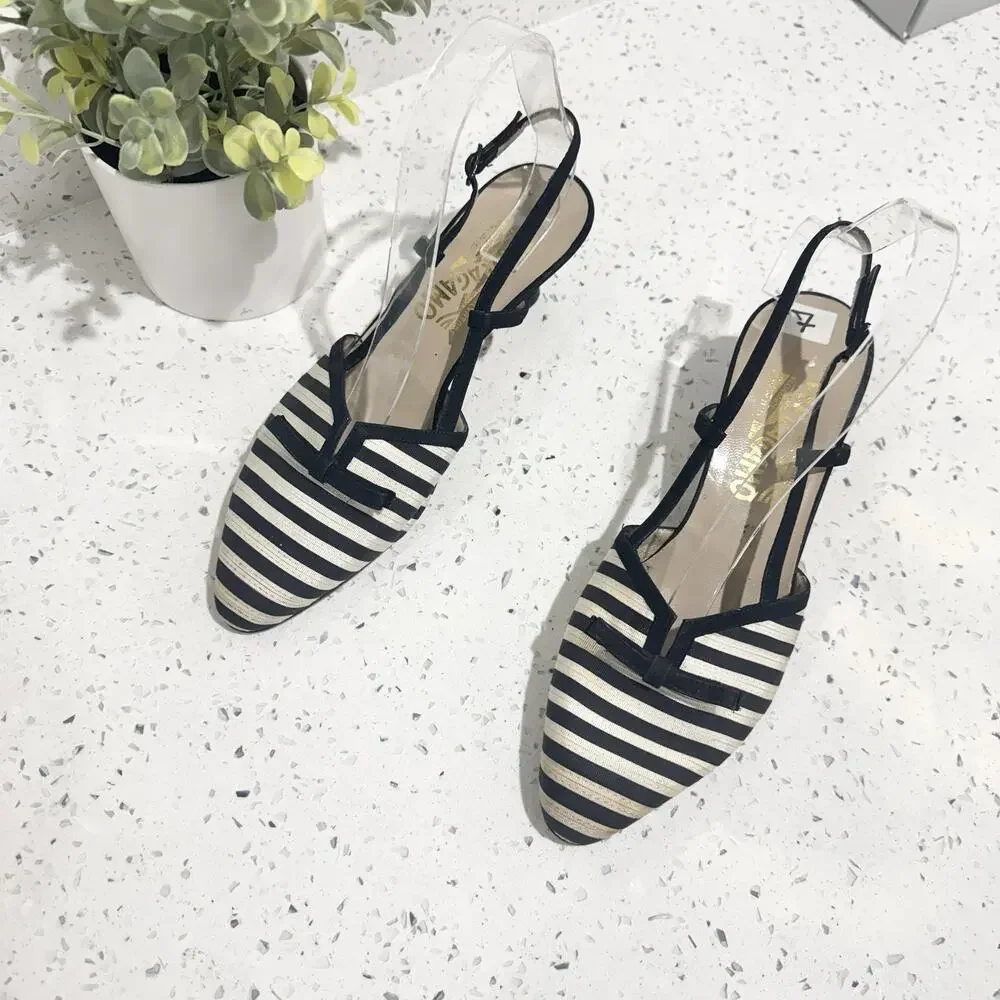 Salvatore Ferragamo striped slingback kitten heels Black Cream Striped Pointed 7